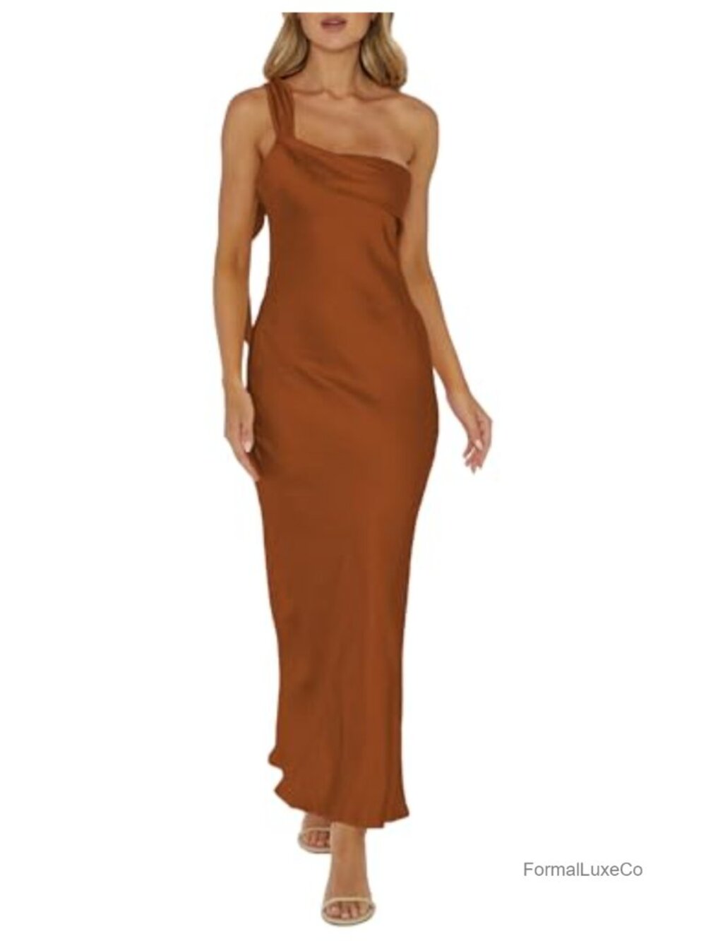 Satin One Shoulder Maxi Formal Dress, Sleeveless Backless Ruffle, Wedding Guest